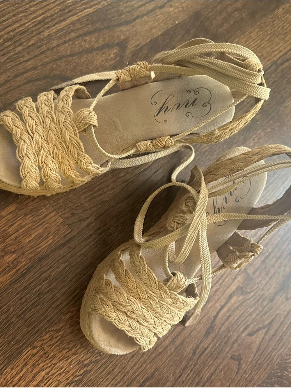 Envy Beige Braided Espadrille Wedge Sandals with Ankle Tie 6.5